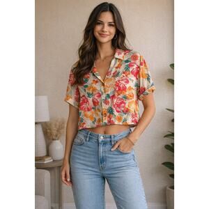 Rachel Zoe Womens Small Floral Cropped Button Front Top Tropical Shirt